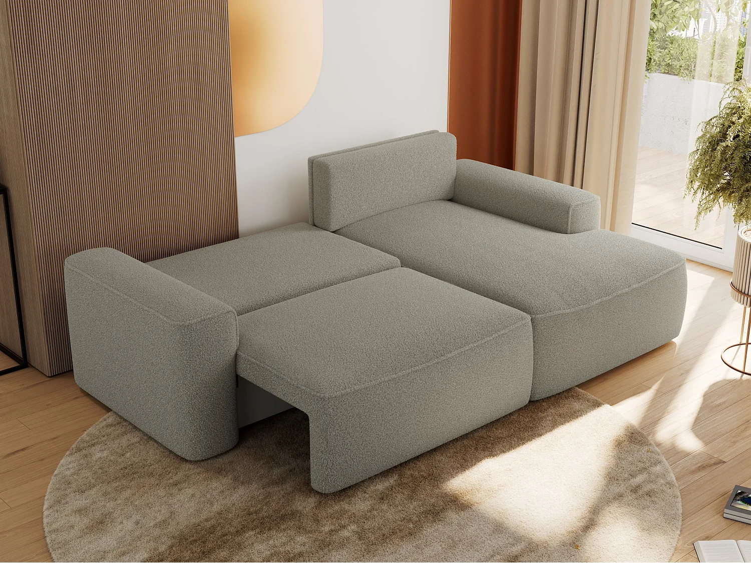 Ecksofa BELLUNO - Schlafsofa mit Bettkasten, Armlehnen, Couch L-form mit Schlaffunktion - Hellgrau Boucle - Ecke Rechts