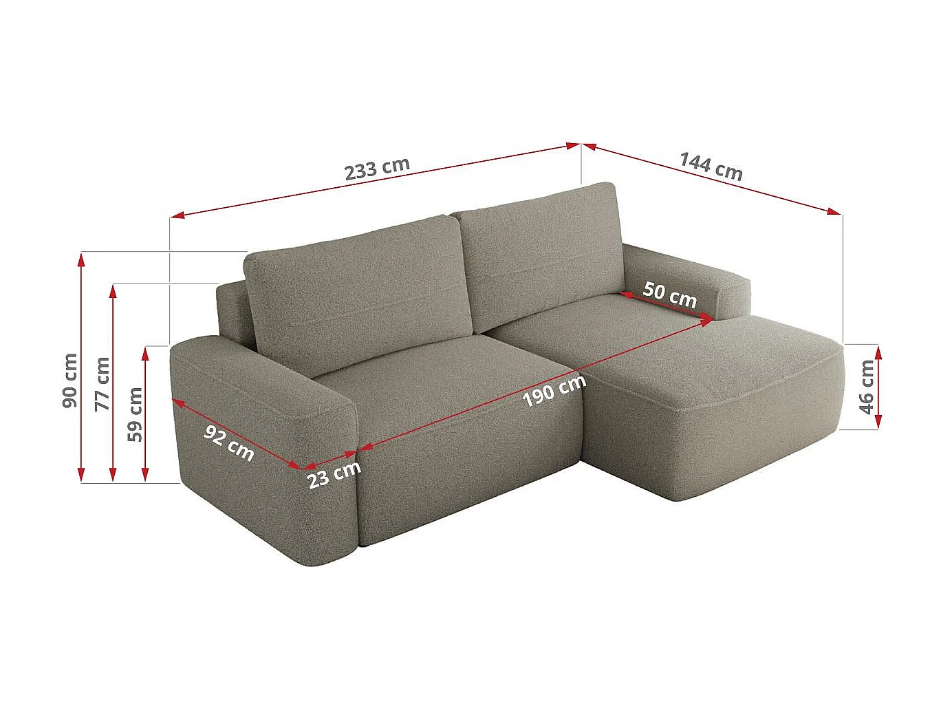 Ecksofa BELLUNO - Schlafsofa mit Bettkasten, Armlehnen, Couch L-form mit Schlaffunktion - Hellgrau Boucle - Ecke Rechts