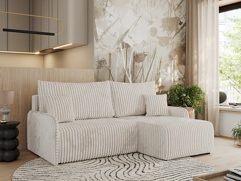 Ecksofa ARPA - L-form Schlaffsofa, Bettkasten und lose Kissen, Armlehnen - Creme Cord - Ecke Rechts