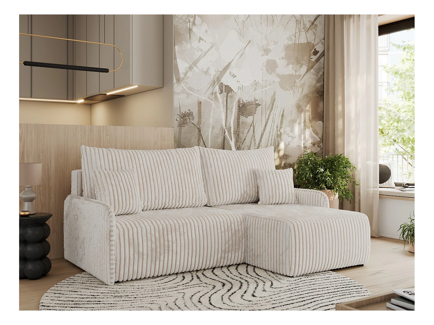 Ecksofa ARPA - L-form Schlaffsofa, Bettkasten und lose Kissen, Armlehnen - Creme Cord - Ecke Rechts