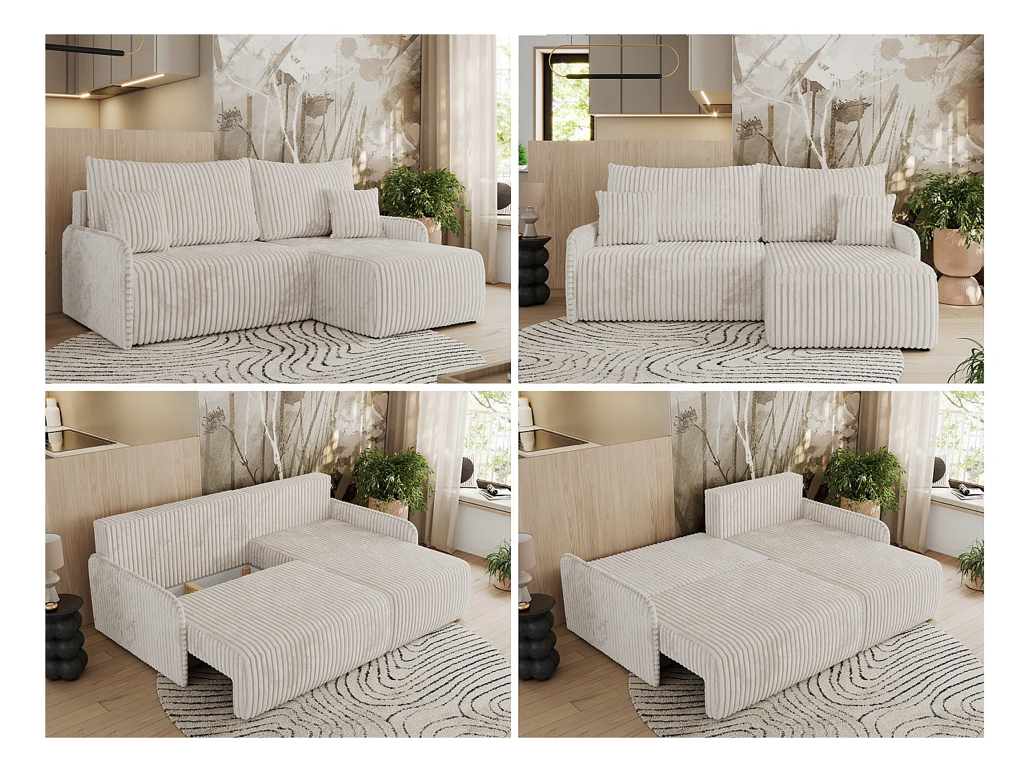 Ecksofa ARPA - L-form Schlaffsofa, Bettkasten und lose Kissen, Armlehnen - Creme Cord - Ecke Rechts