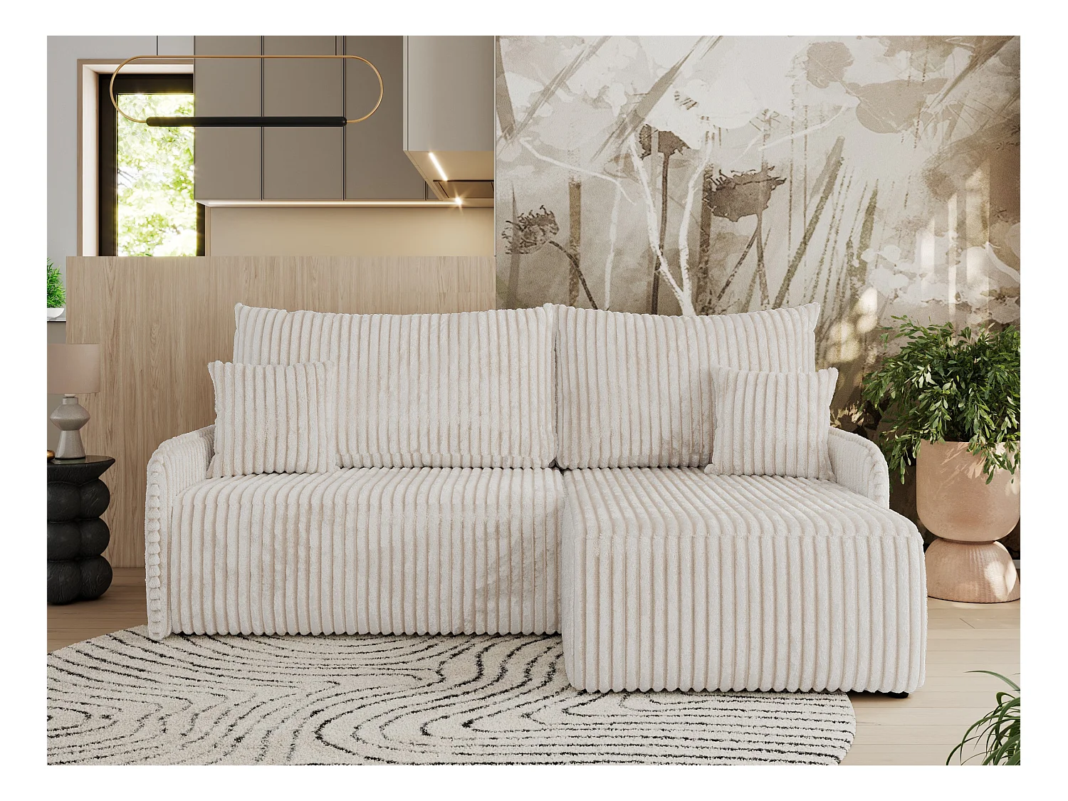 Ecksofa ARPA - L-form Schlaffsofa, Bettkasten und lose Kissen, Armlehnen - Creme Cord - Ecke Rechts
