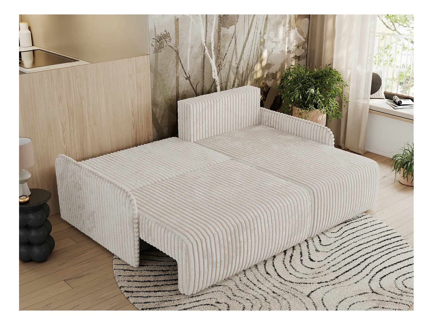 Ecksofa ARPA - L-form Schlaffsofa, Bettkasten und lose Kissen, Armlehnen - Creme Cord - Ecke Rechts