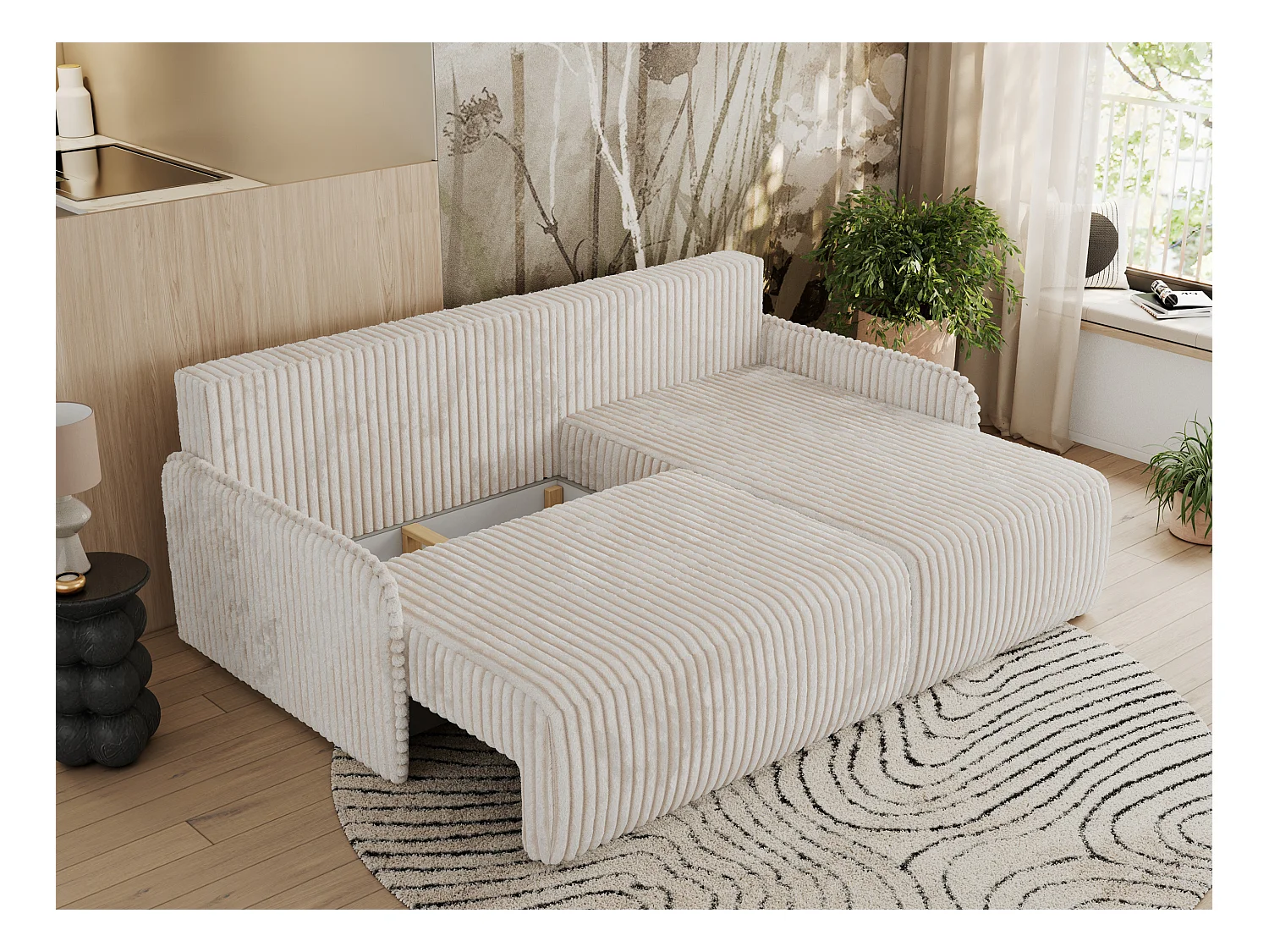Ecksofa ARPA - L-form Schlaffsofa, Bettkasten und lose Kissen, Armlehnen - Creme Cord - Ecke Rechts