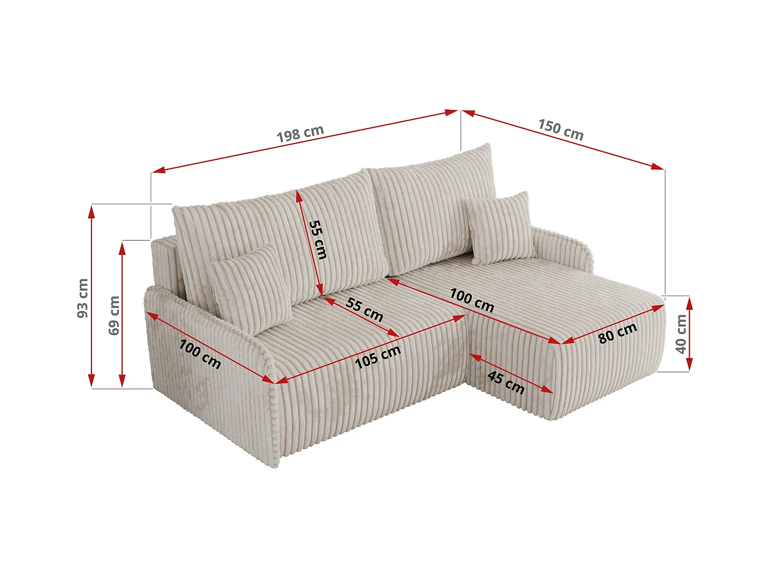 Ecksofa ARPA - L-form Schlaffsofa, Bettkasten und lose Kissen, Armlehnen - Creme Cord - Ecke Rechts