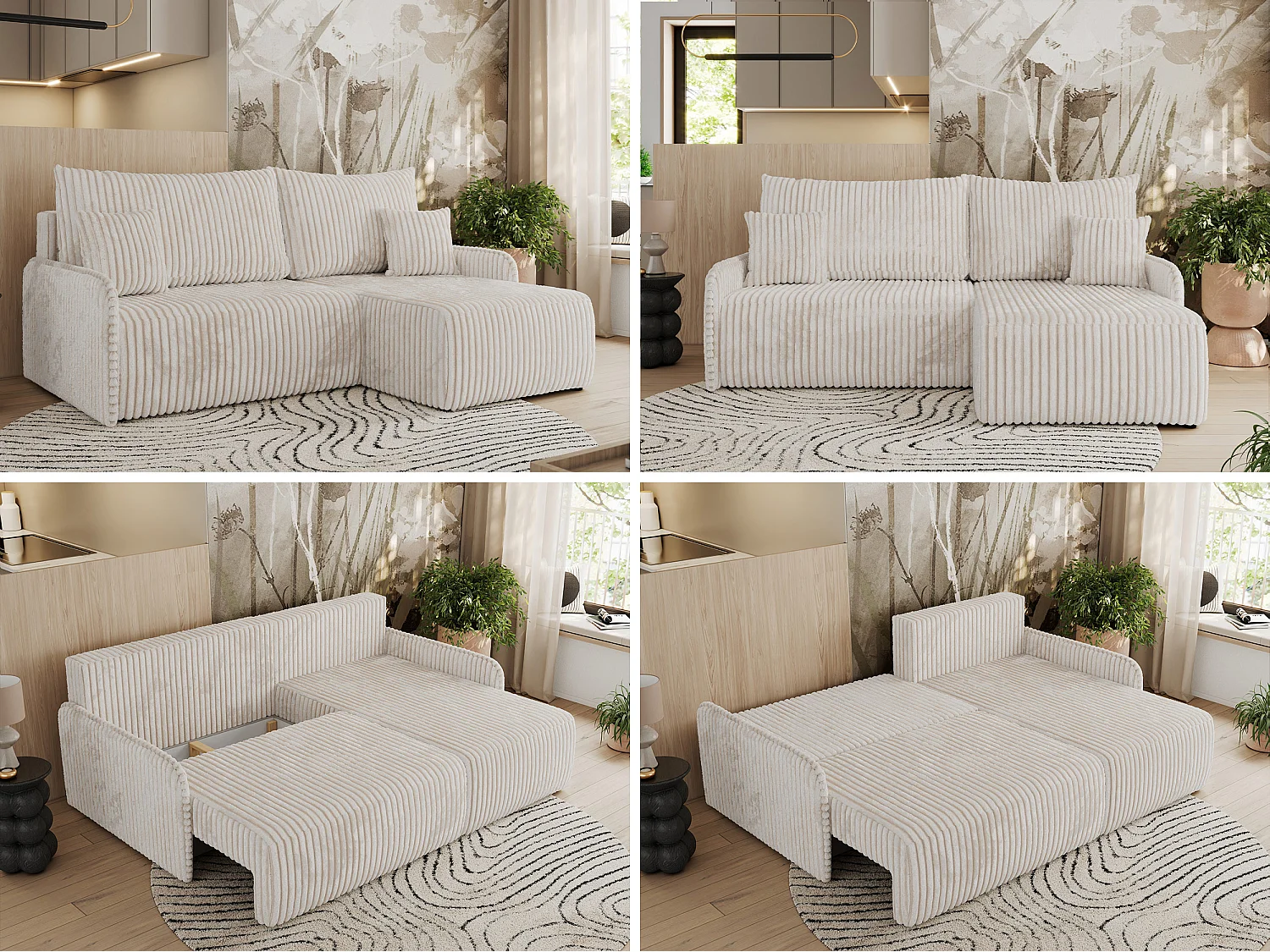 Ecksofa ARPA - L-form Schlaffsofa, Bettkasten und lose Kissen, Armlehnen - Creme Cord - Ecke Rechts
