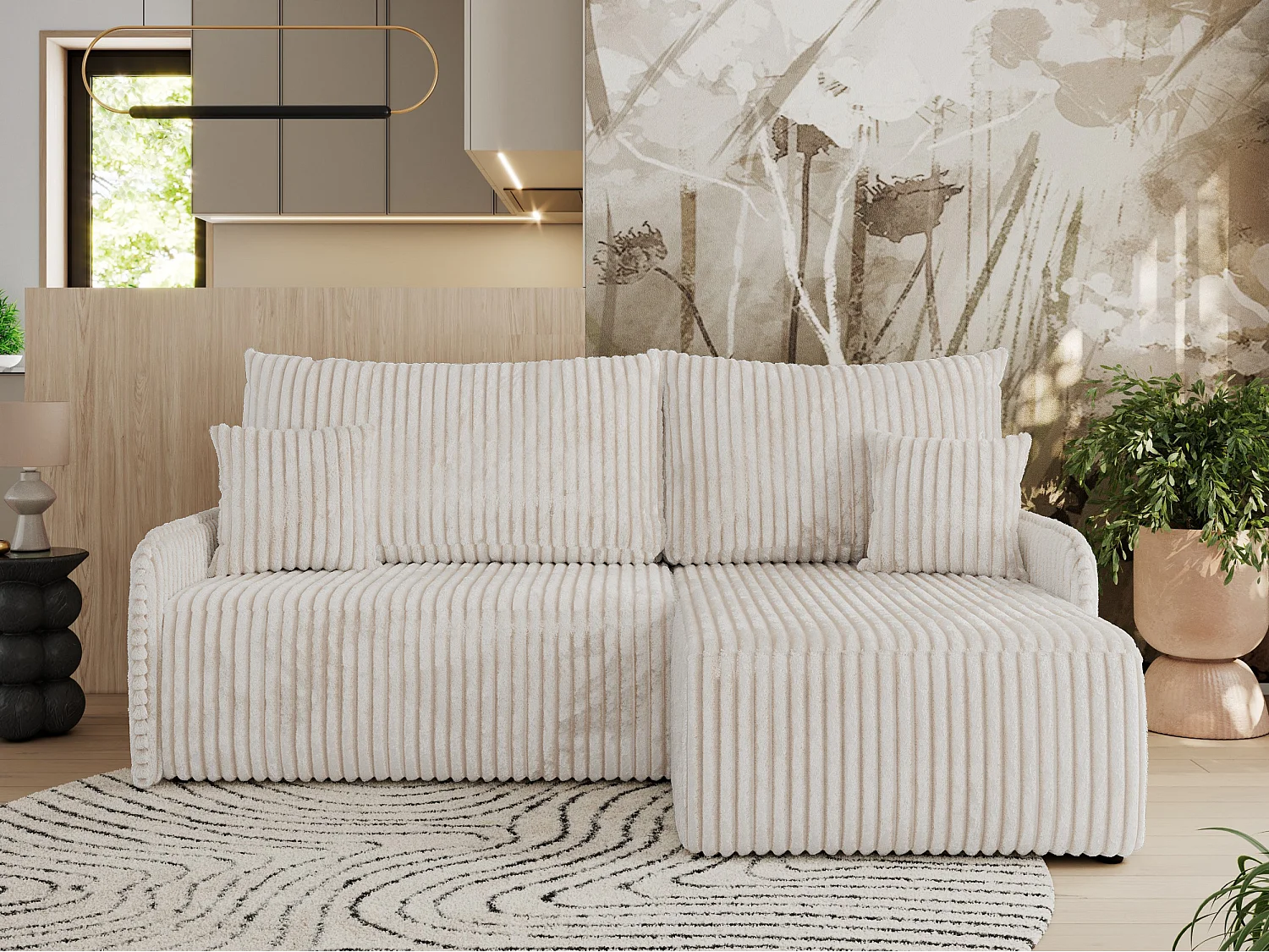 Ecksofa ARPA - L-form Schlaffsofa, Bettkasten und lose Kissen, Armlehnen - Creme Cord - Ecke Rechts
