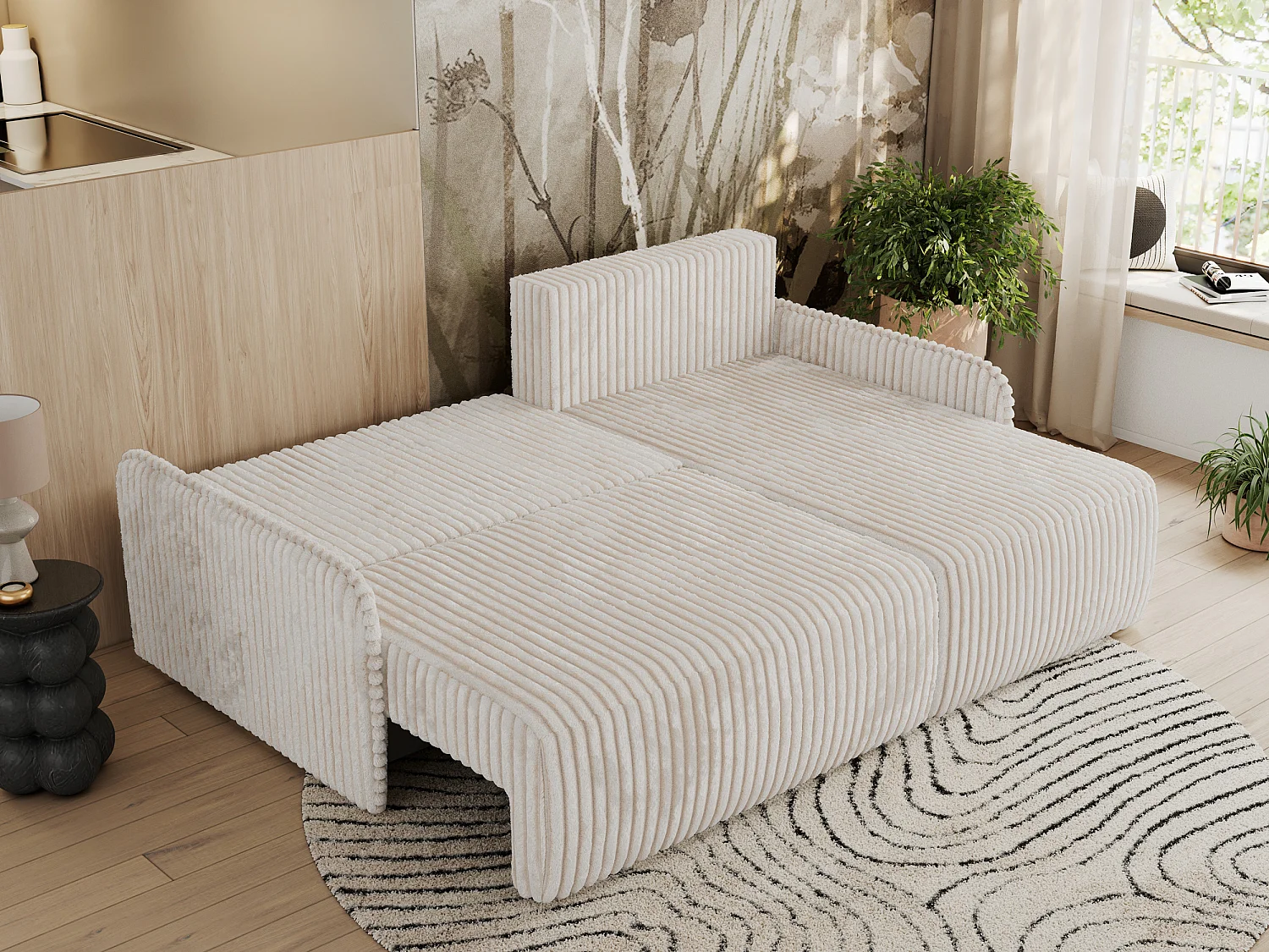 Ecksofa ARPA - L-form Schlaffsofa, Bettkasten und lose Kissen, Armlehnen - Creme Cord - Ecke Rechts