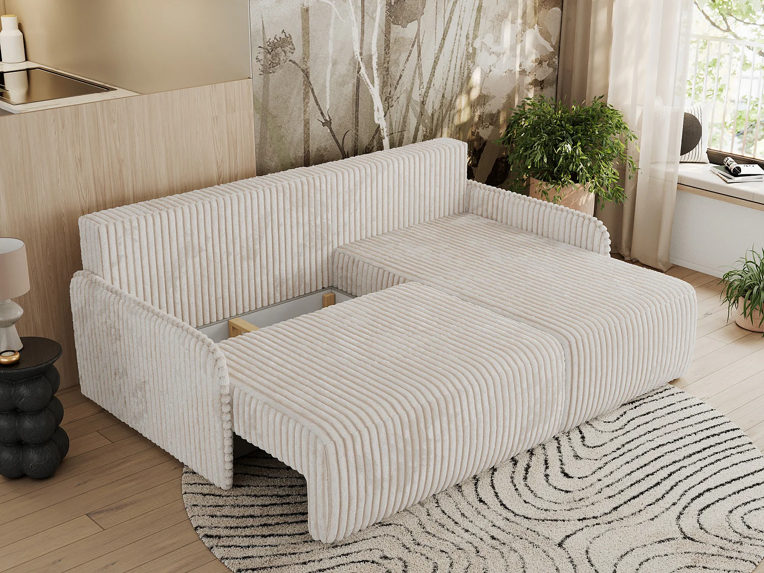 Ecksofa ARPA - L-form Schlaffsofa, Bettkasten und lose Kissen, Armlehnen - Creme Cord - Ecke Rechts