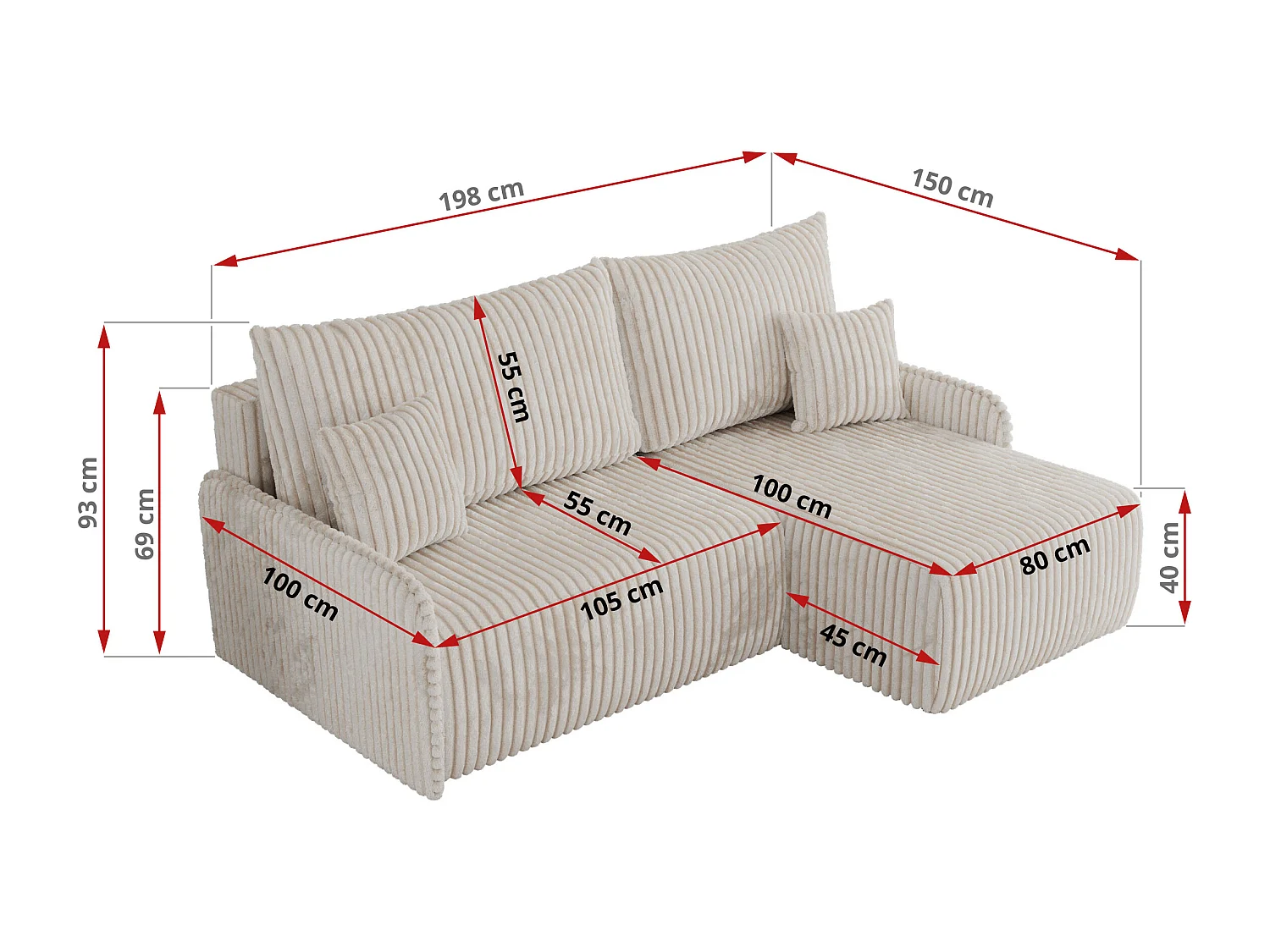 Ecksofa ARPA - L-form Schlaffsofa, Bettkasten und lose Kissen, Armlehnen - Creme Cord - Ecke Rechts