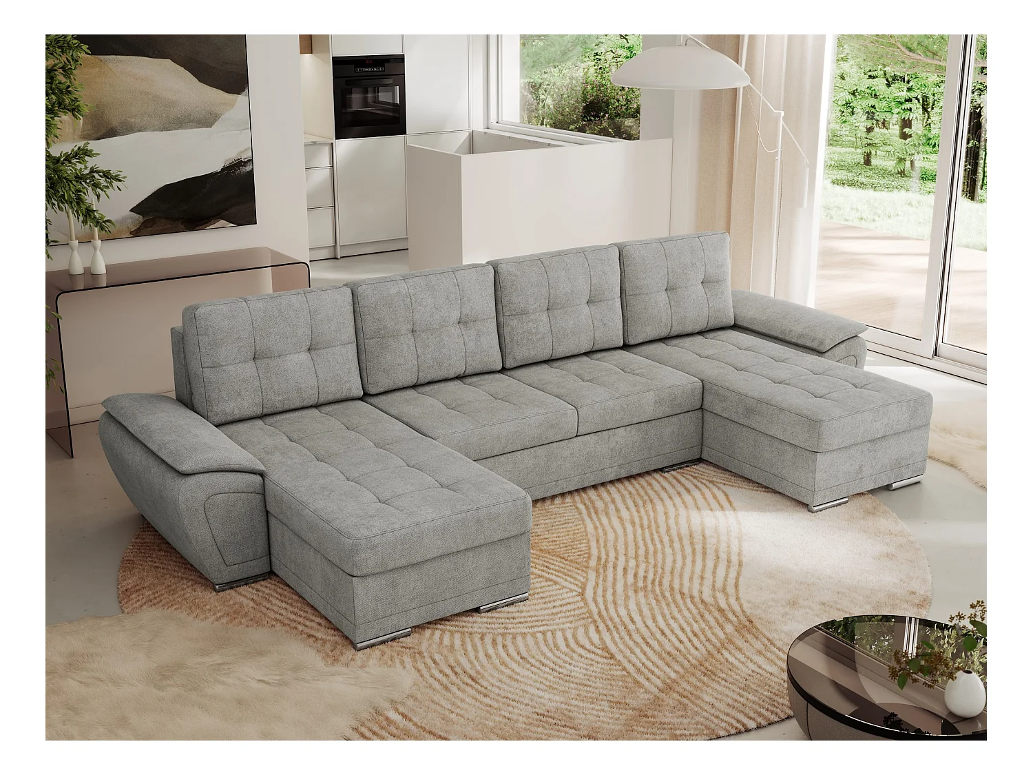 Ecksofa UMBRIA U - XXL Wohnlandschaft, mit Schlaffunktion und Bettkasten, genähte Ecke - Hellgrau Stukture
