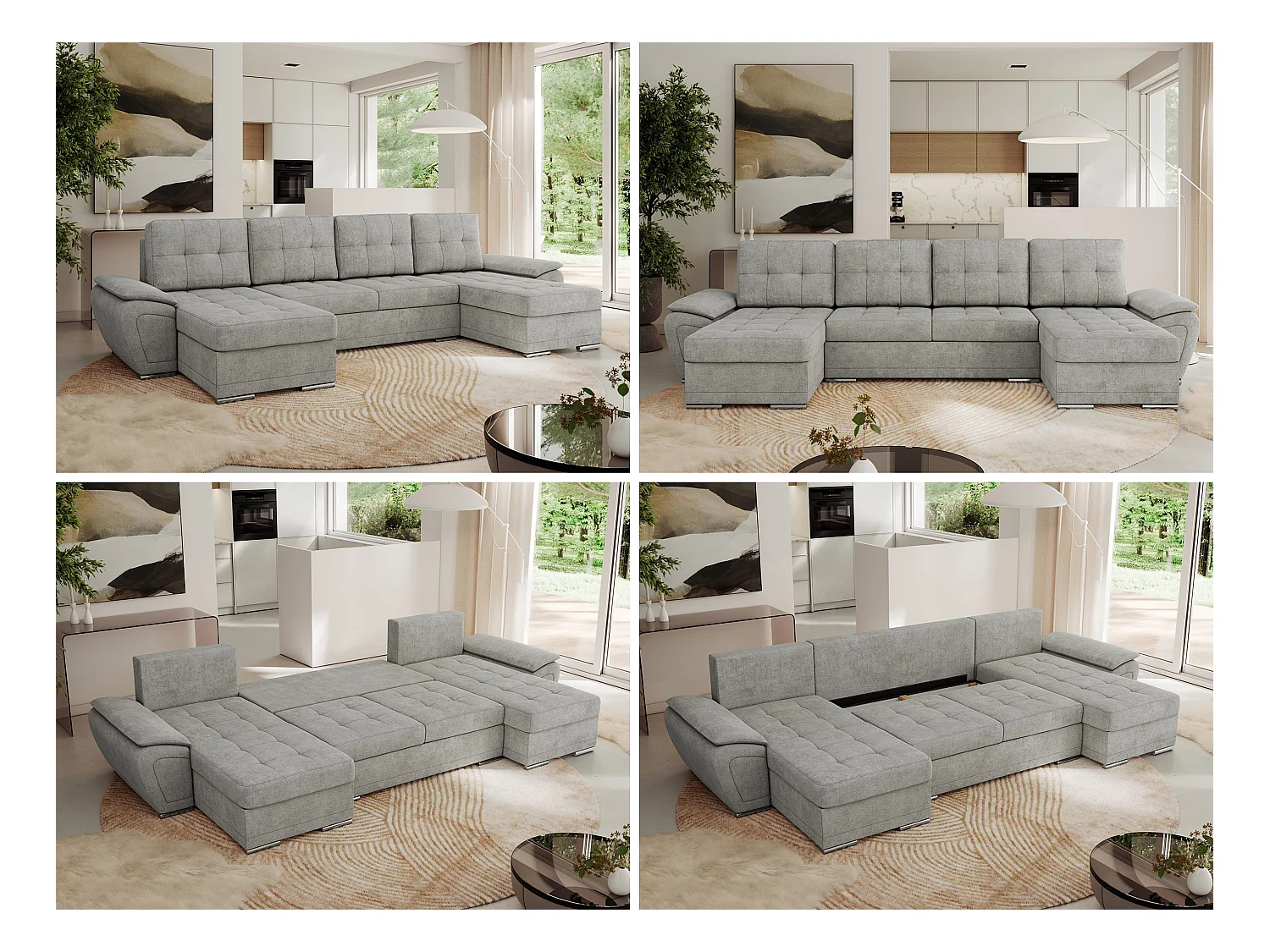 Ecksofa UMBRIA U - XXL Wohnlandschaft, mit Schlaffunktion und Bettkasten, genähte Ecke - Hellgrau Stukture