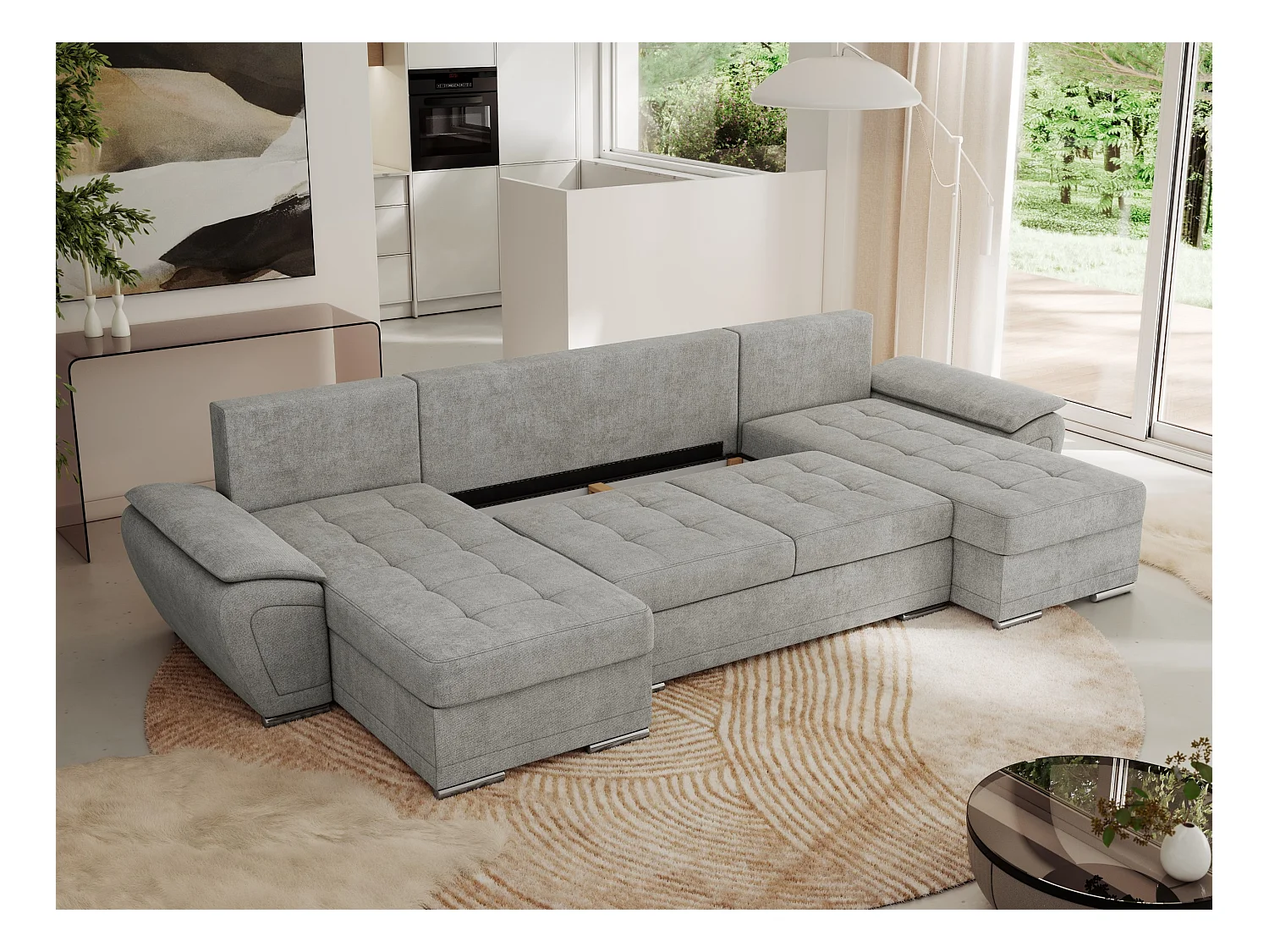 Ecksofa UMBRIA U - XXL Wohnlandschaft, mit Schlaffunktion und Bettkasten, genähte Ecke - Hellgrau Stukture
