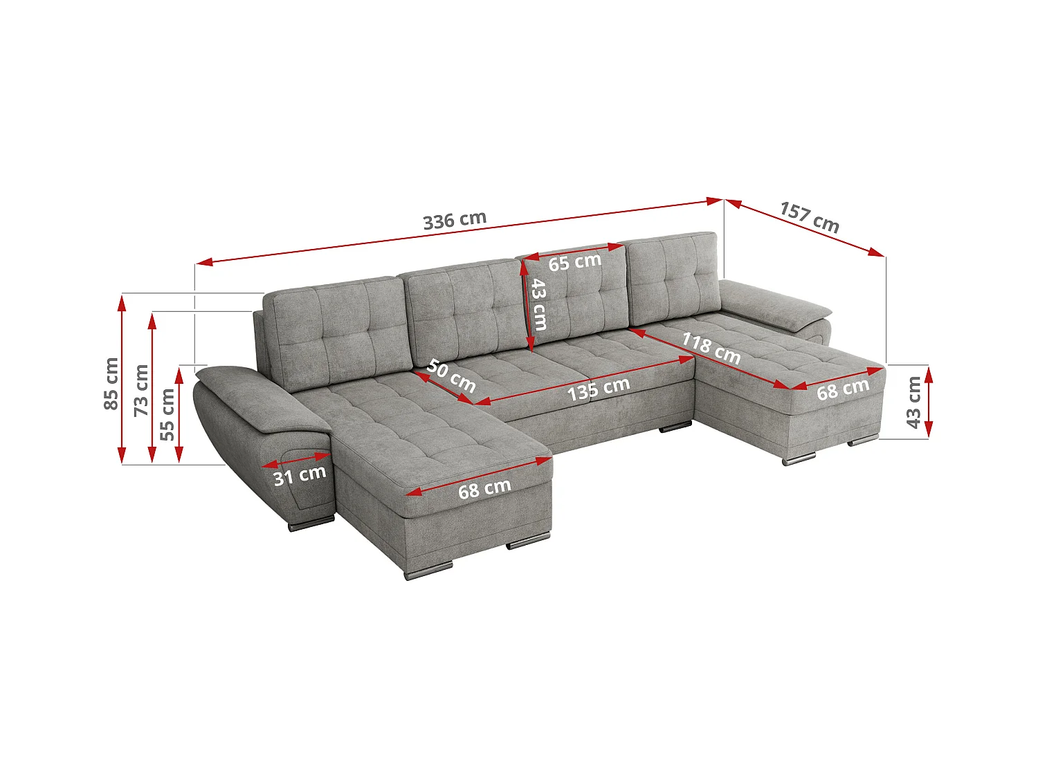 Ecksofa UMBRIA U - XXL Wohnlandschaft, mit Schlaffunktion und Bettkasten, genähte Ecke - Hellgrau Stukture