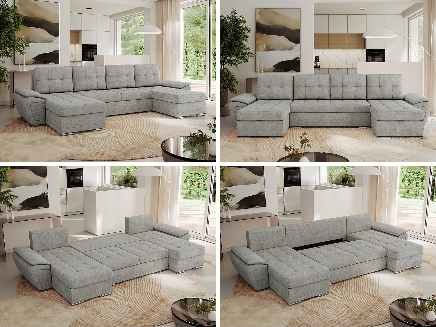 Ecksofa UMBRIA U - XXL Wohnlandschaft, mit Schlaffunktion und Bettkasten, genähte Ecke - Hellgrau Stukture