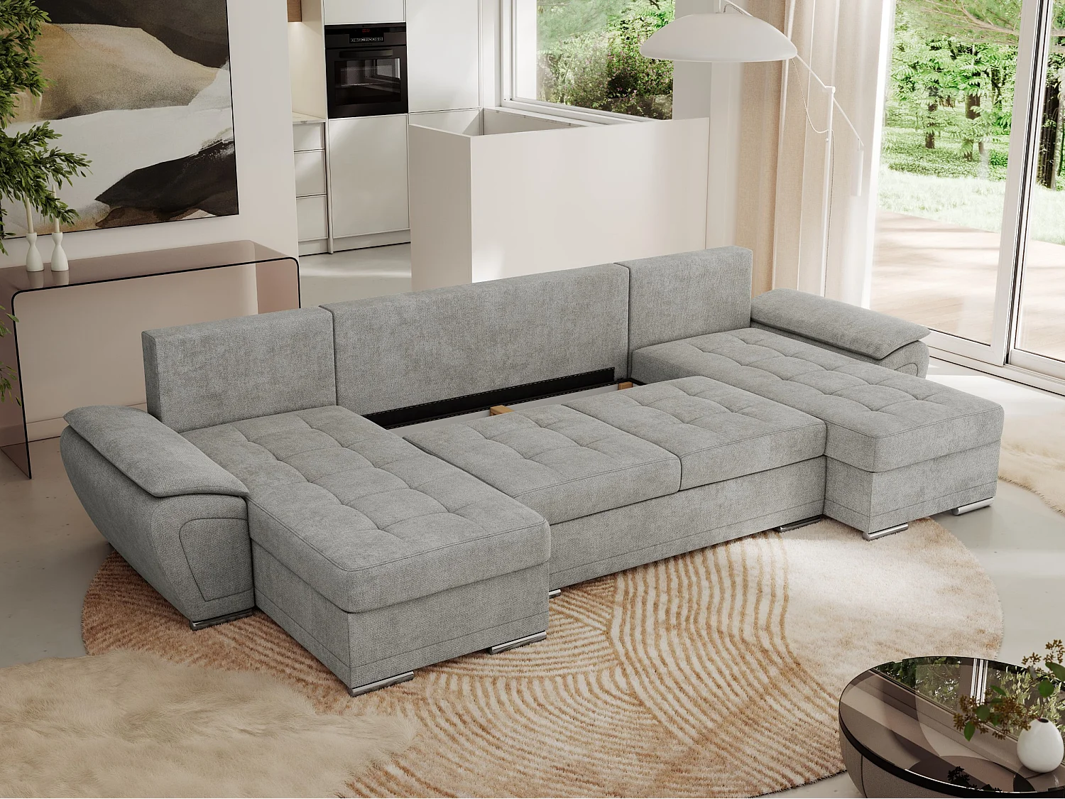 Ecksofa UMBRIA U - XXL Wohnlandschaft, mit Schlaffunktion und Bettkasten, genähte Ecke - Hellgrau Stukture