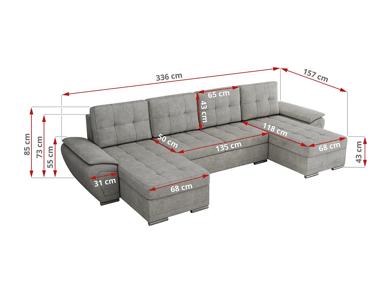 Ecksofa UMBRIA U - XXL Wohnlandschaft, mit Schlaffunktion und Bettkasten, genähte Ecke - Hellgrau Stukture