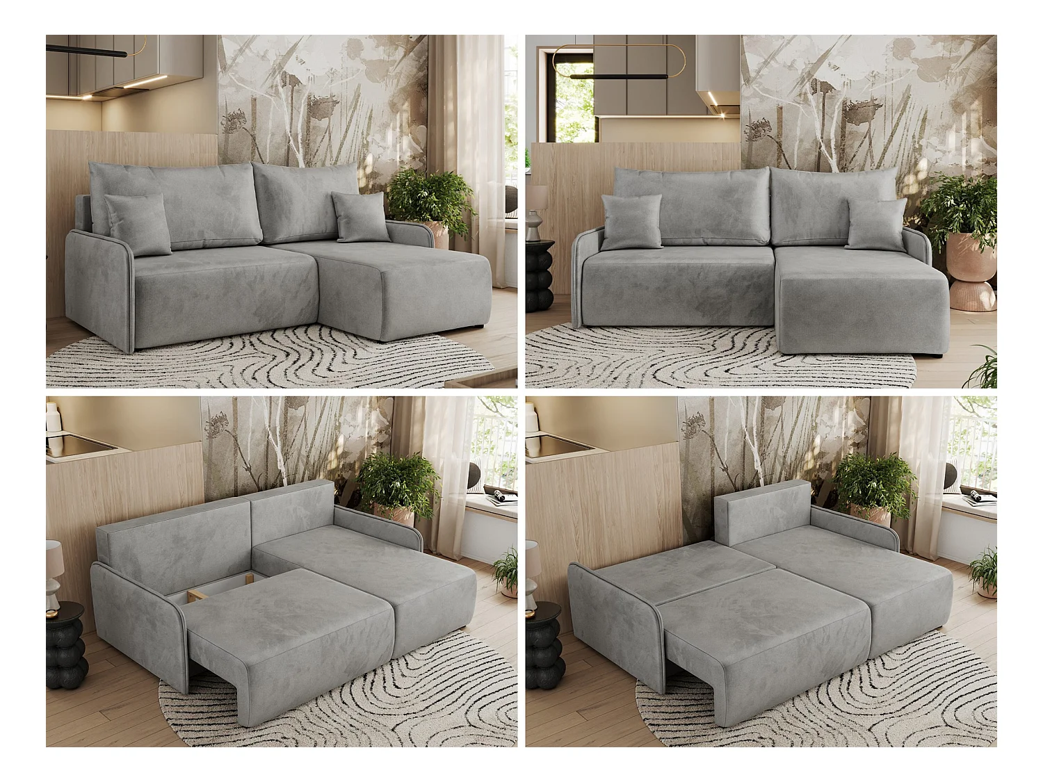 Ecksofa ARPA - L-form Schlaffsofa, Bettkasten und lose Kissen, Armlehnen - Hellgrau Velvet - Ecke Rechts