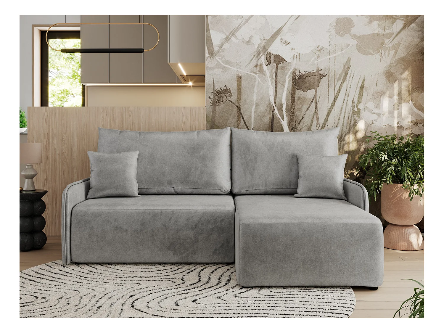 Ecksofa ARPA - L-form Schlaffsofa, Bettkasten und lose Kissen, Armlehnen - Hellgrau Velvet - Ecke Rechts