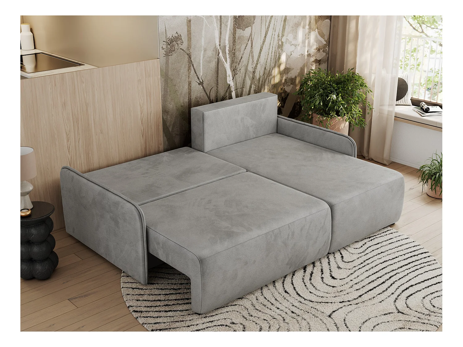 Ecksofa ARPA - L-form Schlaffsofa, Bettkasten und lose Kissen, Armlehnen - Hellgrau Velvet - Ecke Rechts