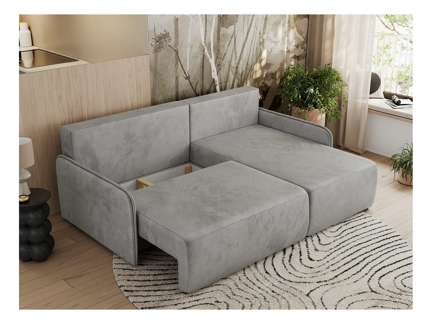 Ecksofa ARPA - L-form Schlaffsofa, Bettkasten und lose Kissen, Armlehnen - Hellgrau Velvet - Ecke Rechts