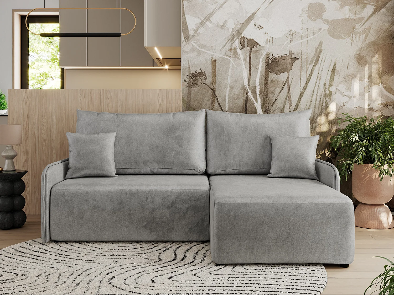 Ecksofa ARPA - L-form Schlaffsofa, Bettkasten und lose Kissen, Armlehnen - Hellgrau Velvet - Ecke Rechts