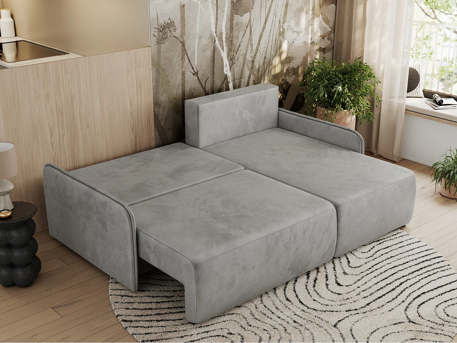 Ecksofa ARPA - L-form Schlaffsofa, Bettkasten und lose Kissen, Armlehnen - Hellgrau Velvet - Ecke Rechts