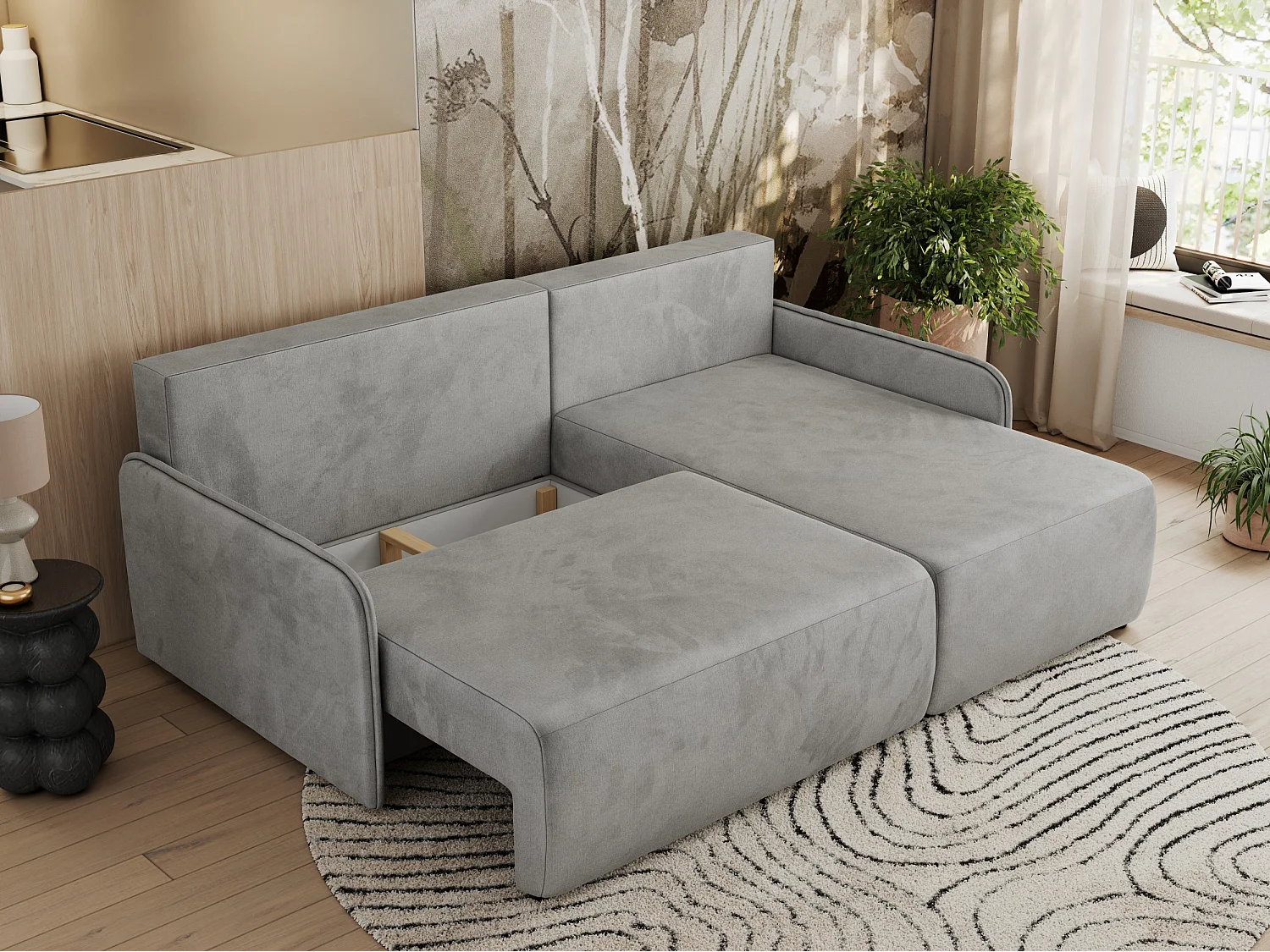 Ecksofa ARPA - L-form Schlaffsofa, Bettkasten und lose Kissen, Armlehnen - Hellgrau Velvet - Ecke Rechts