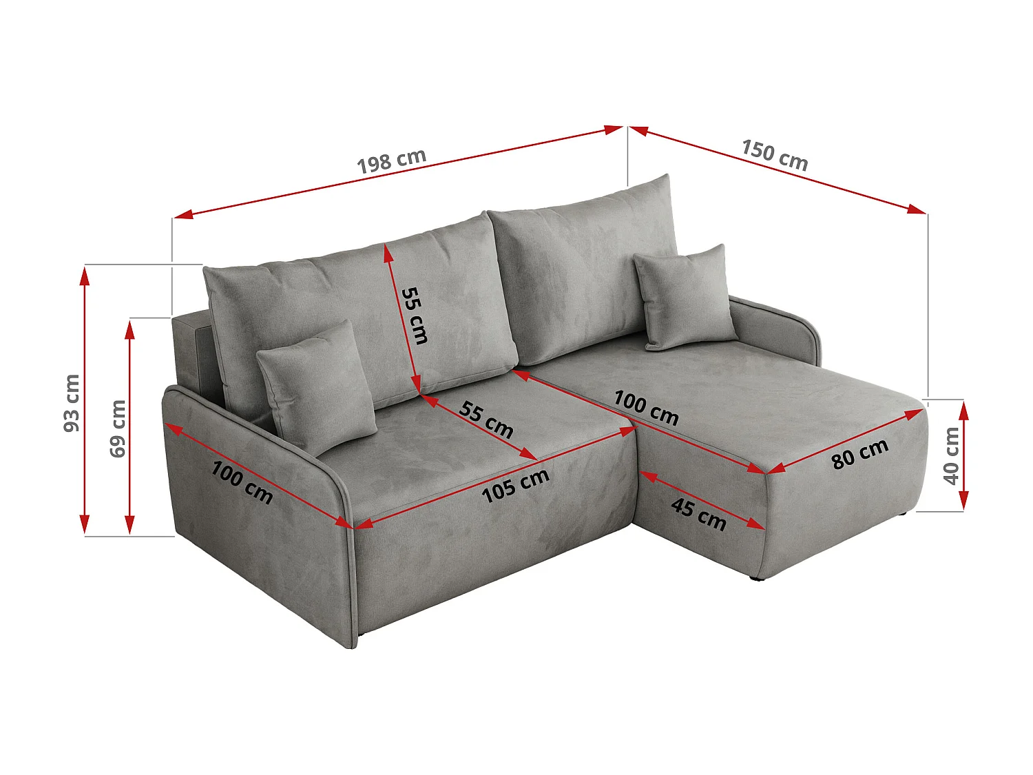 Ecksofa ARPA - L-form Schlaffsofa, Bettkasten und lose Kissen, Armlehnen - Hellgrau Velvet - Ecke Rechts