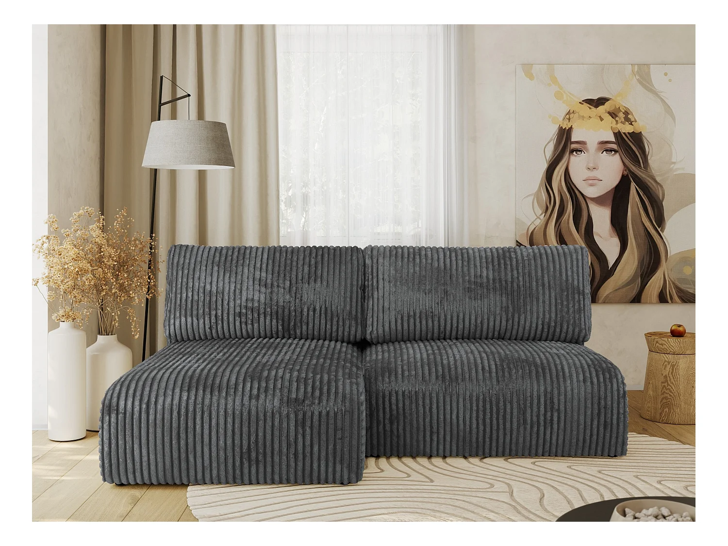 Ecksofa VIVO - L-form Couch mit Schlaffunktion und Bettkasten, Wellenfeder - Dunkelgrau Cord - Ecke Links