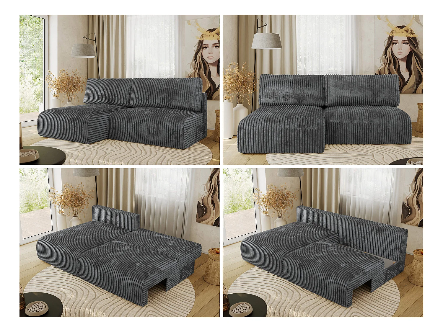 Ecksofa VIVO - L-form Couch mit Schlaffunktion und Bettkasten, Wellenfeder - Dunkelgrau Cord - Ecke Links