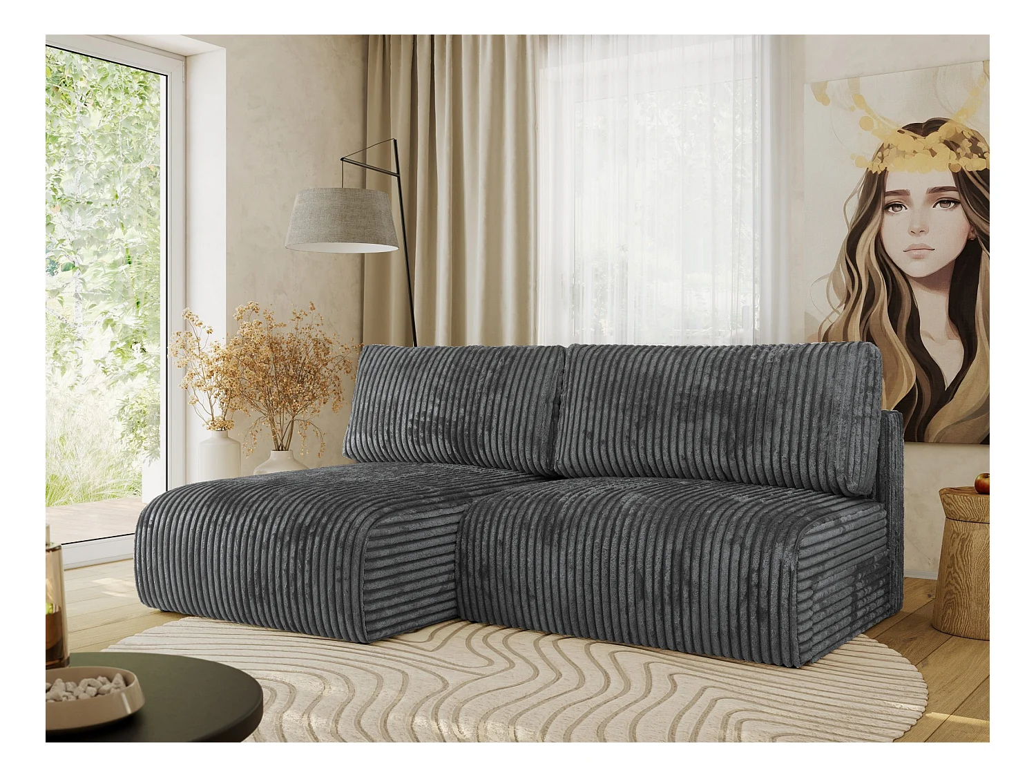 Ecksofa VIVO - L-form Couch mit Schlaffunktion und Bettkasten, Wellenfeder - Dunkelgrau Cord - Ecke Links