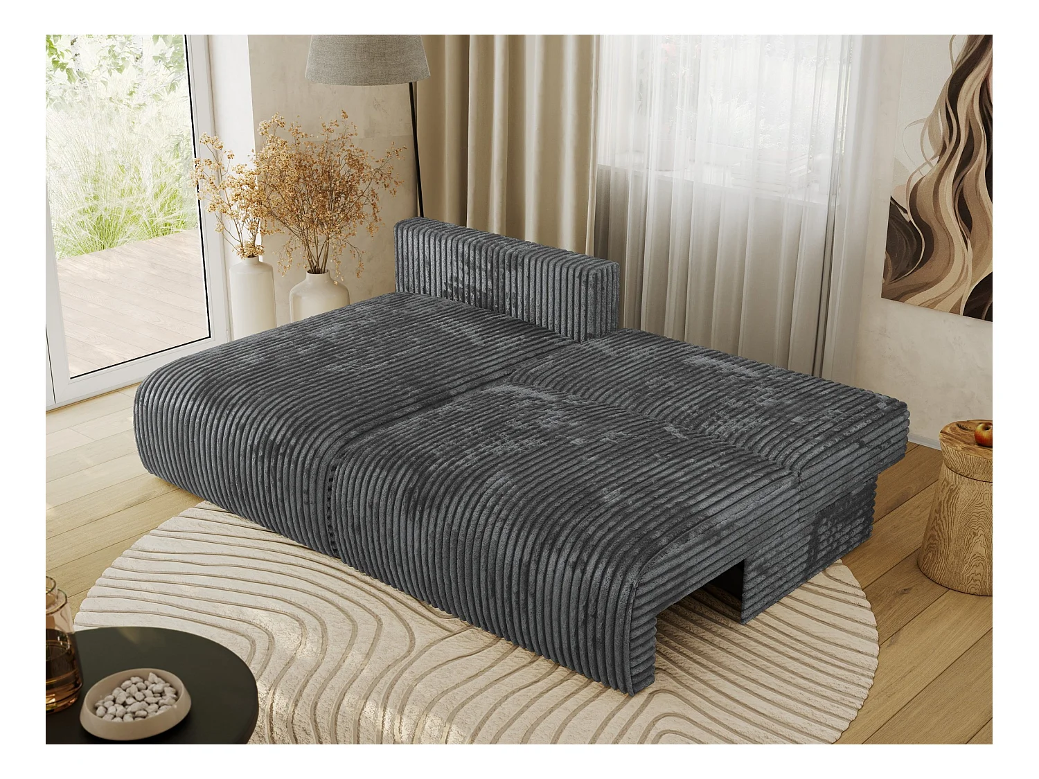 Ecksofa VIVO - L-form Couch mit Schlaffunktion und Bettkasten, Wellenfeder - Dunkelgrau Cord - Ecke Links