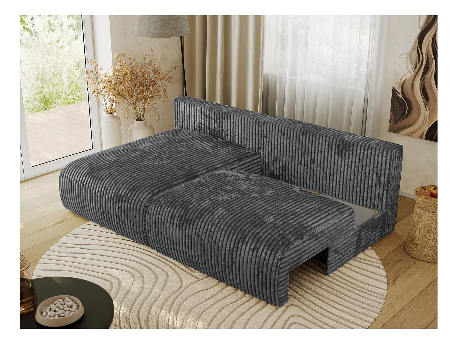 Ecksofa VIVO - L-form Couch mit Schlaffunktion und Bettkasten, Wellenfeder - Dunkelgrau Cord - Ecke Links