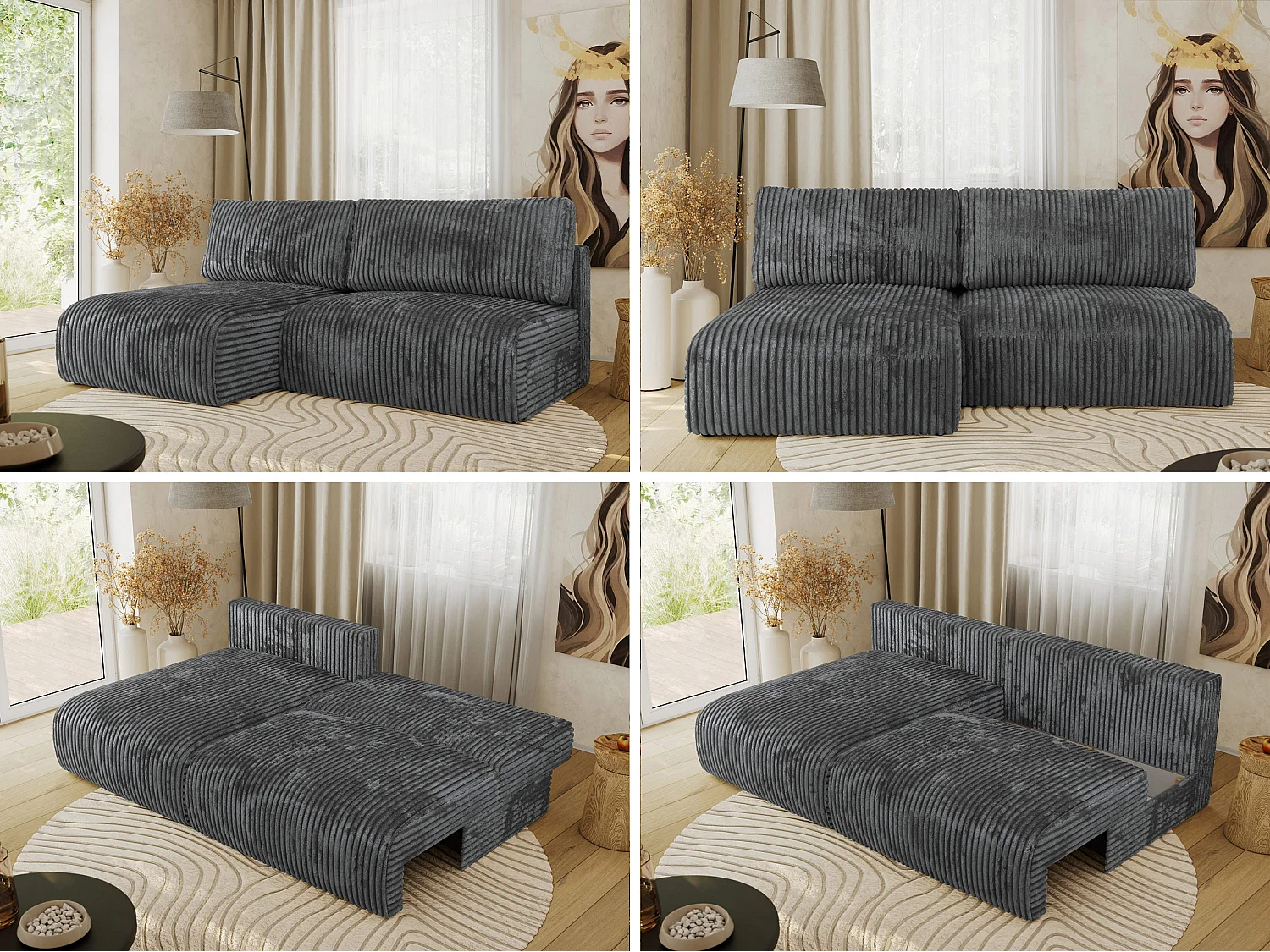 Ecksofa VIVO - L-form Couch mit Schlaffunktion und Bettkasten, Wellenfeder - Dunkelgrau Cord - Ecke Links