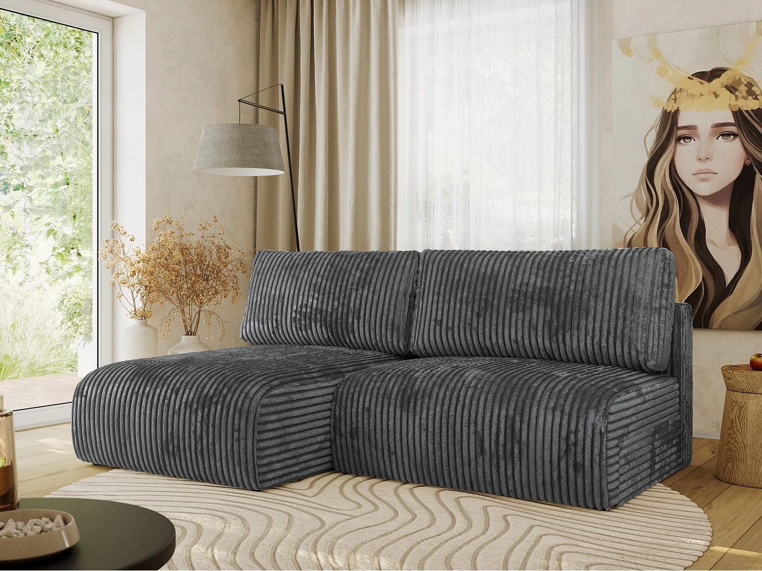 Ecksofa VIVO - L-form Couch mit Schlaffunktion und Bettkasten, Wellenfeder - Dunkelgrau Cord - Ecke Links