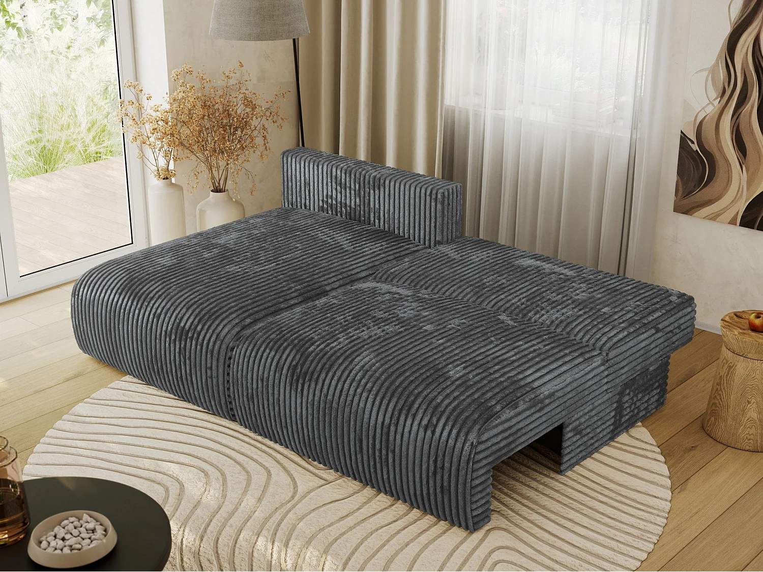 Ecksofa VIVO - L-form Couch mit Schlaffunktion und Bettkasten, Wellenfeder - Dunkelgrau Cord - Ecke Links