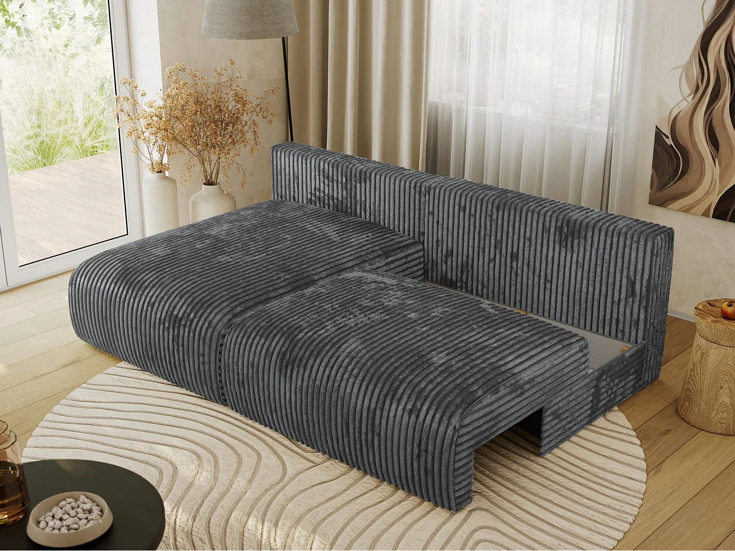 Ecksofa VIVO - L-form Couch mit Schlaffunktion und Bettkasten, Wellenfeder - Dunkelgrau Cord - Ecke Links