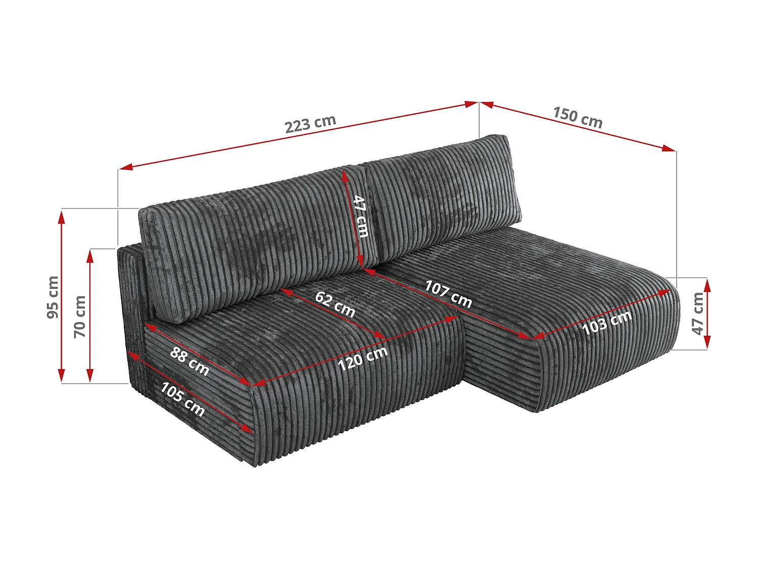 Ecksofa VIVO - L-form Couch mit Schlaffunktion und Bettkasten, Wellenfeder - Dunkelgrau Cord - Ecke Links