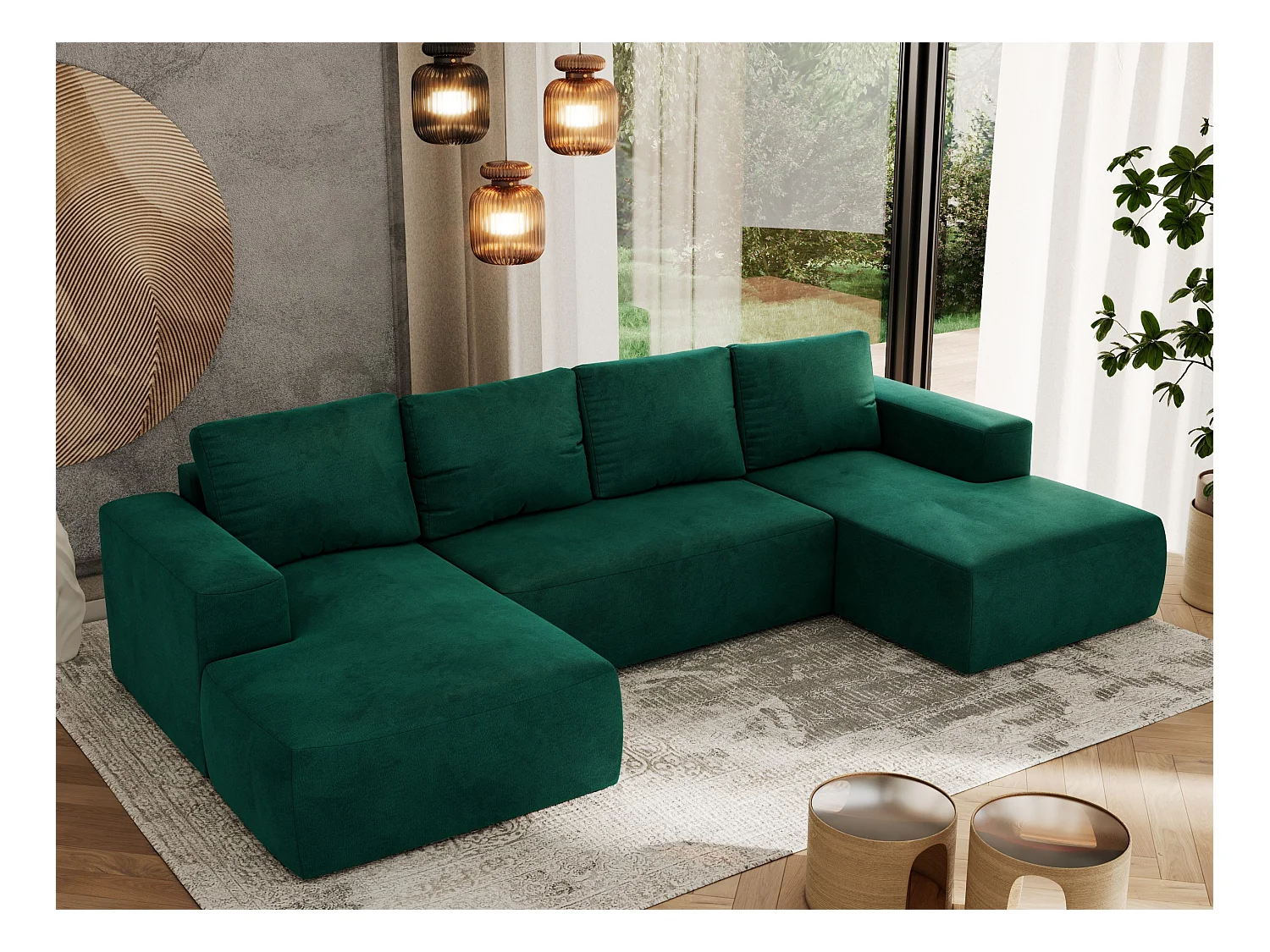 Ecksofa TRENTINO U - mit Schlaffunktion und Bettkasten, U-förmiges Wohnlandschaft, Armlehnen - Dunkelgrün Velvet