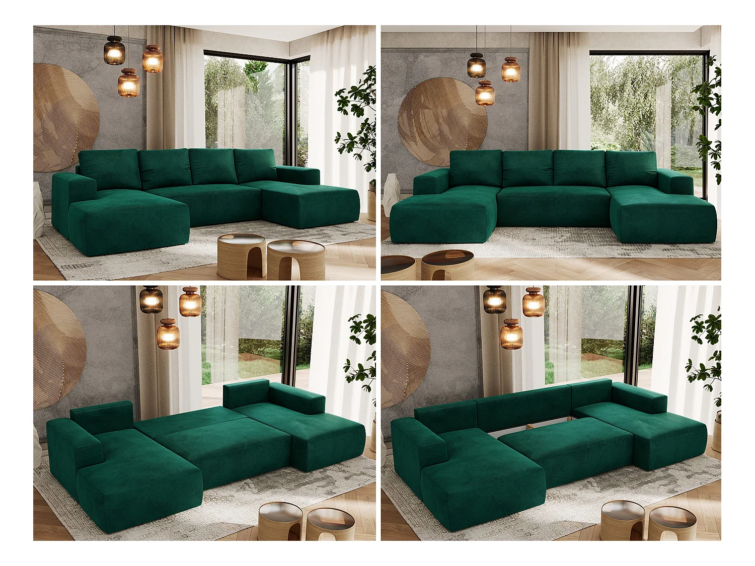 Ecksofa TRENTINO U - mit Schlaffunktion und Bettkasten, U-förmiges Wohnlandschaft, Armlehnen - Dunkelgrün Velvet