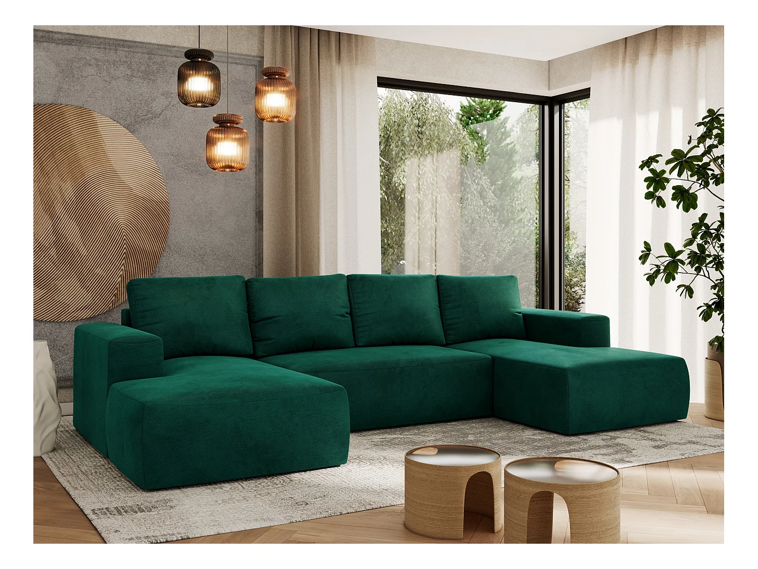 Ecksofa TRENTINO U - mit Schlaffunktion und Bettkasten, U-förmiges Wohnlandschaft, Armlehnen - Dunkelgrün Velvet