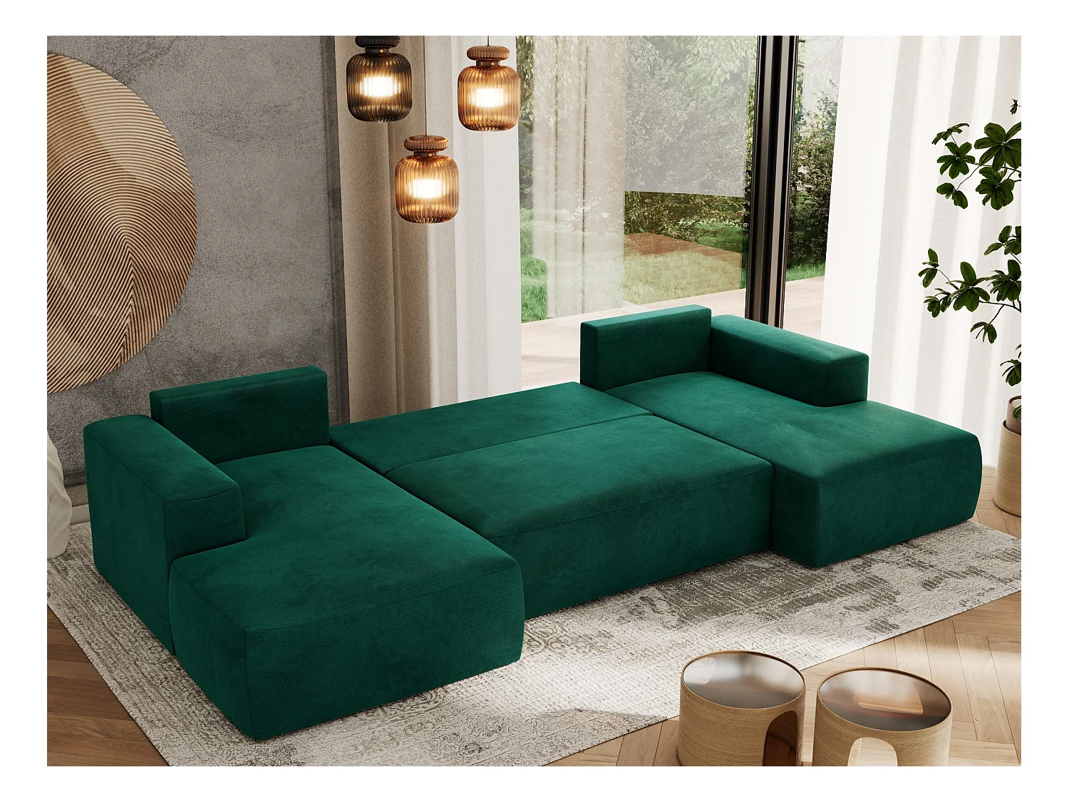 Ecksofa TRENTINO U - mit Schlaffunktion und Bettkasten, U-förmiges Wohnlandschaft, Armlehnen - Dunkelgrün Velvet