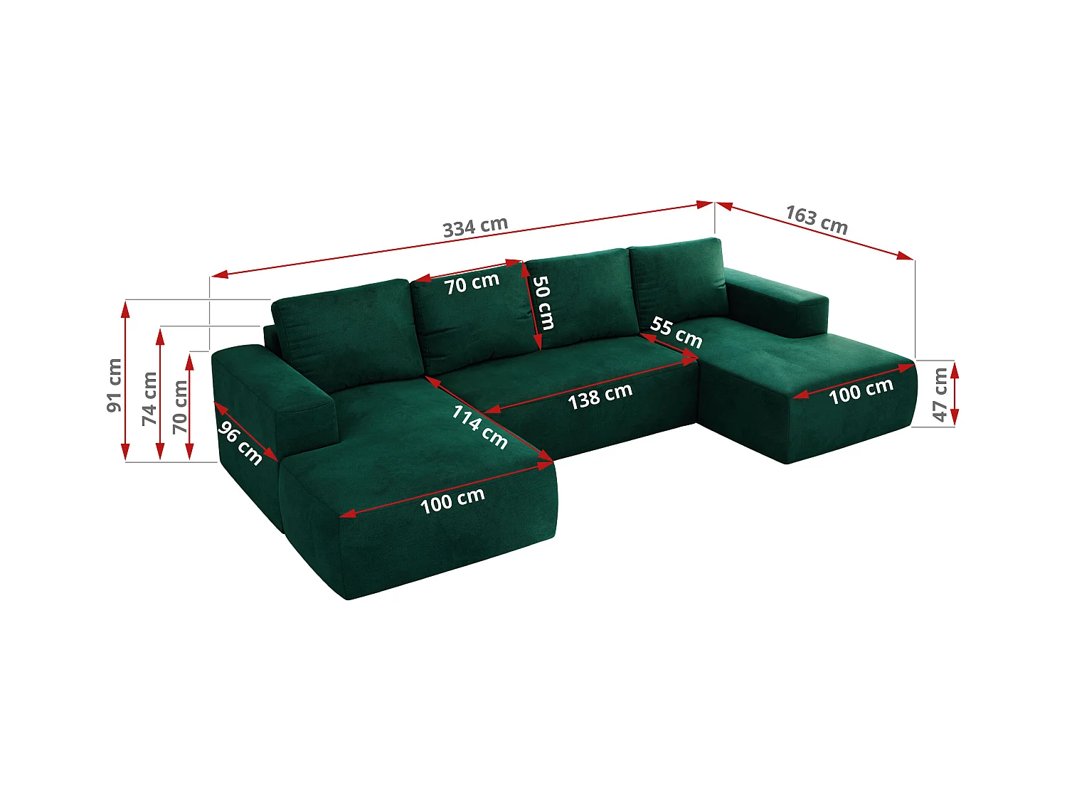 Ecksofa TRENTINO U - mit Schlaffunktion und Bettkasten, U-förmiges Wohnlandschaft, Armlehnen - Dunkelgrün Velvet