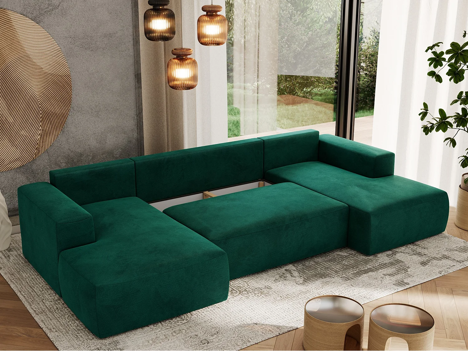 Ecksofa TRENTINO U - mit Schlaffunktion und Bettkasten, U-förmiges Wohnlandschaft, Armlehnen - Dunkelgrün Velvet