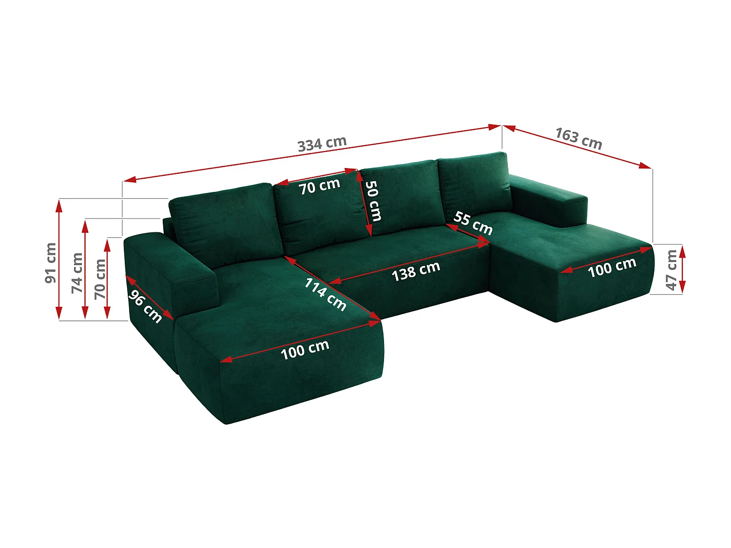 Ecksofa TRENTINO U - mit Schlaffunktion und Bettkasten, U-förmiges Wohnlandschaft, Armlehnen - Dunkelgrün Velvet