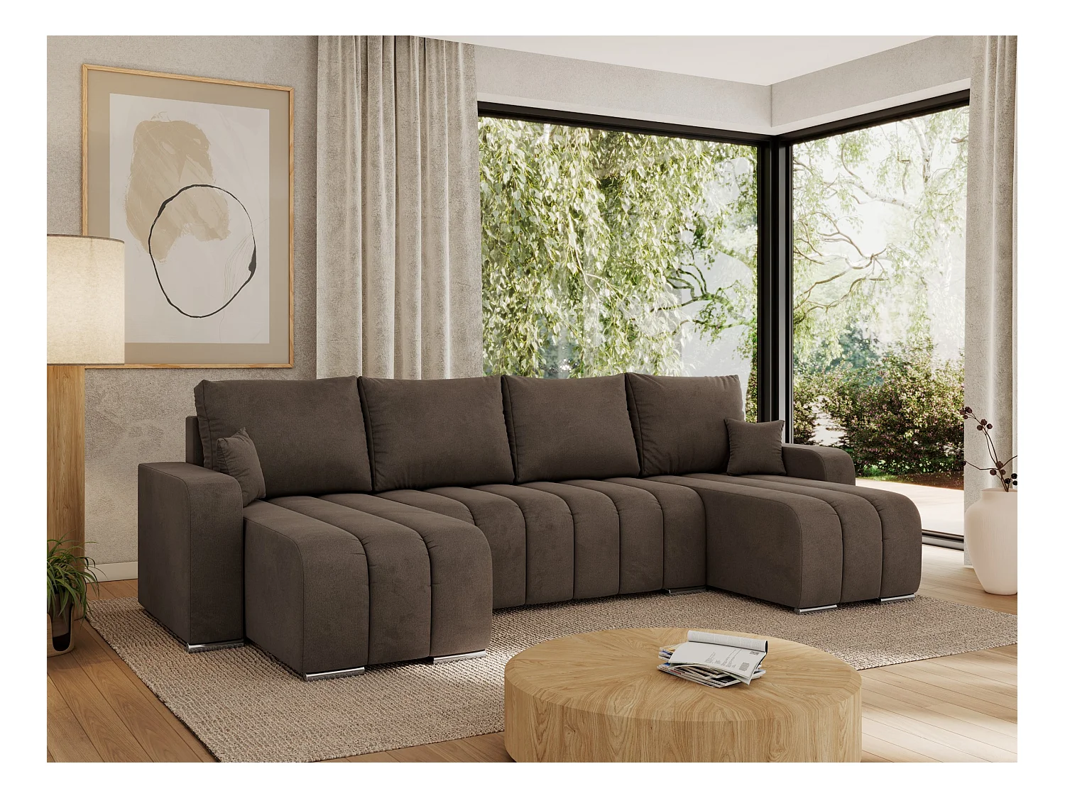 Ecksofa KIRASSO U - Wohnlandschaft, Schlaffunktion und Bettkasten, Couch U-form, lose Kissen - Braun Velvet