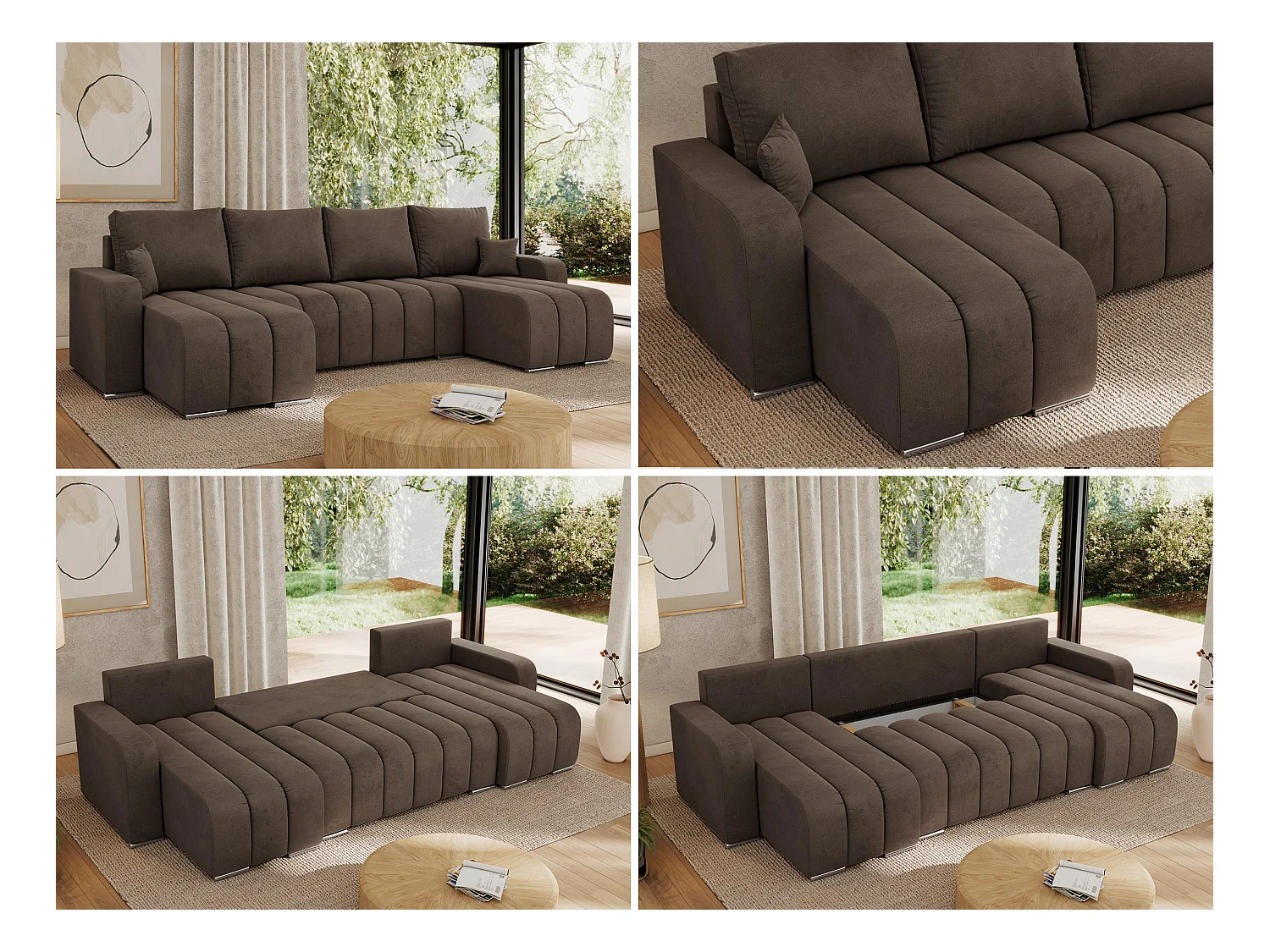 Ecksofa KIRASSO U - Wohnlandschaft, Schlaffunktion und Bettkasten, Couch U-form, lose Kissen - Braun Velvet