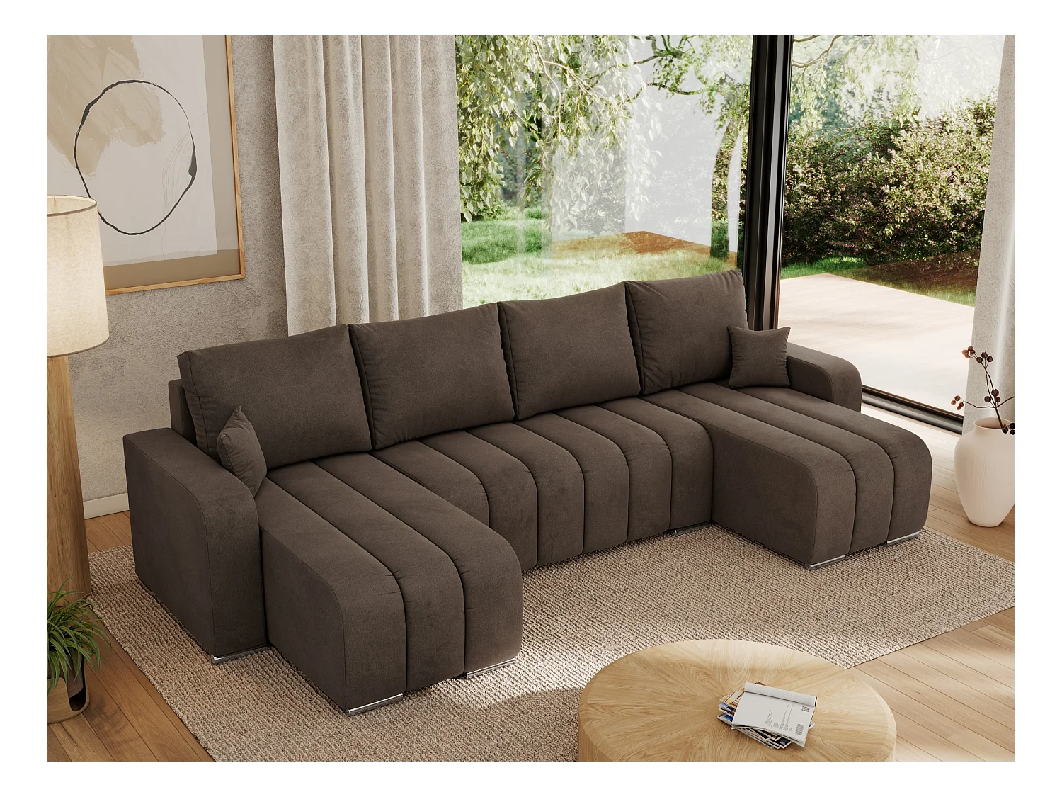 Ecksofa KIRASSO U - Wohnlandschaft, Schlaffunktion und Bettkasten, Couch U-form, lose Kissen - Braun Velvet