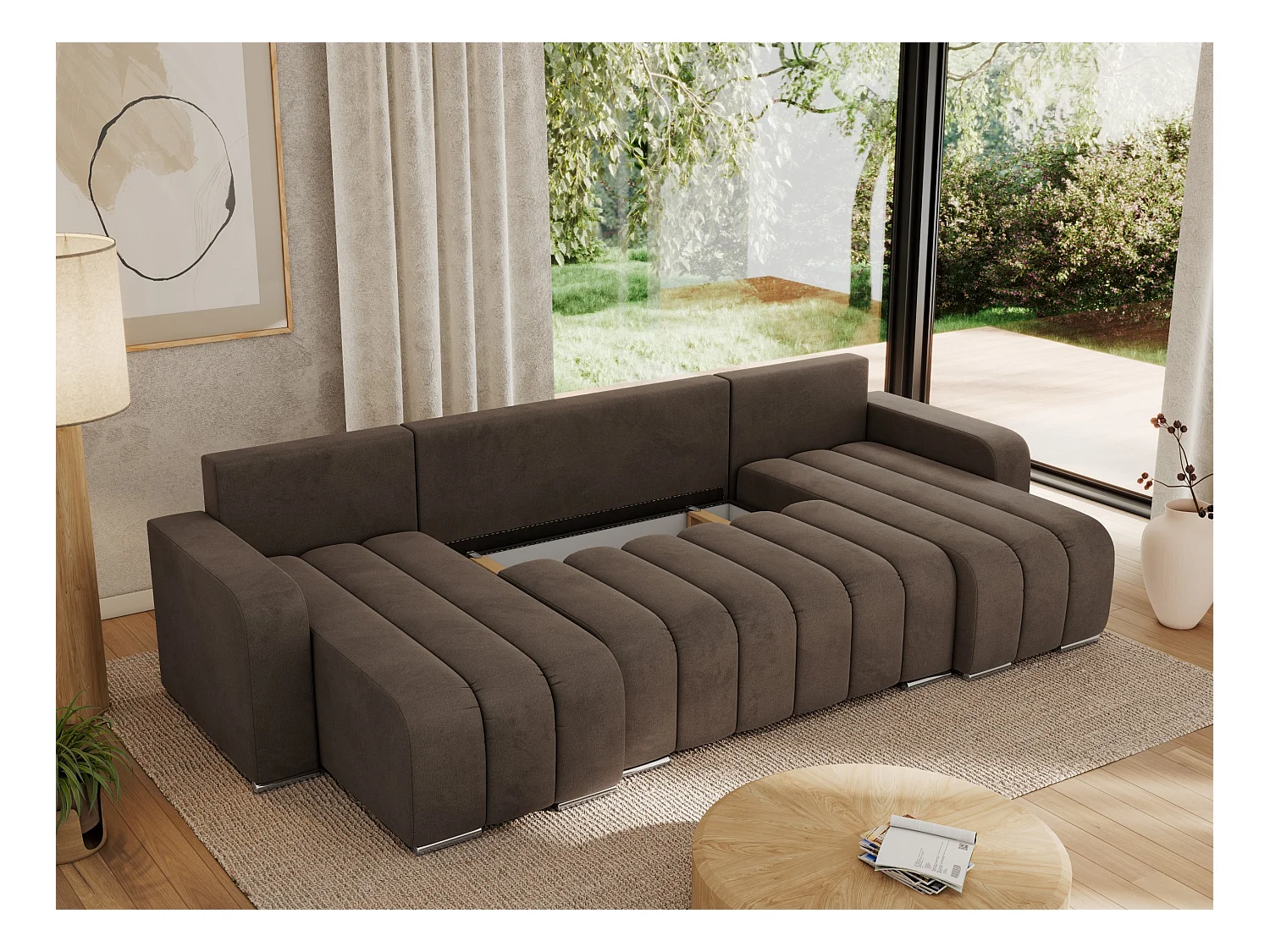 Ecksofa KIRASSO U - Wohnlandschaft, Schlaffunktion und Bettkasten, Couch U-form, lose Kissen - Braun Velvet